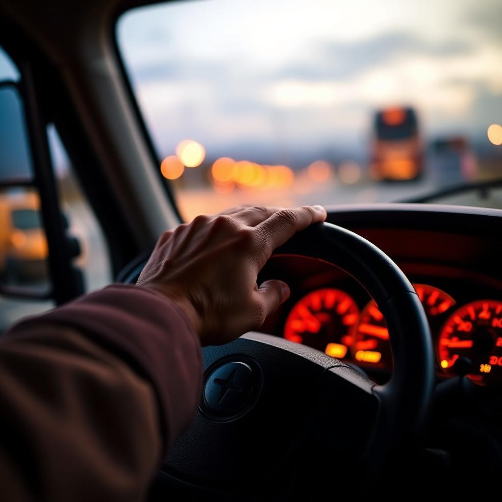 Driver hand on steering wheel of a freight truck at dusk